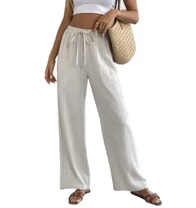 heipeiwa Women's Linen Pants Striped Summer Boho Straight Wide Leg Beach Lounge Casual Trousers 2025 Summer Vacation Outfits