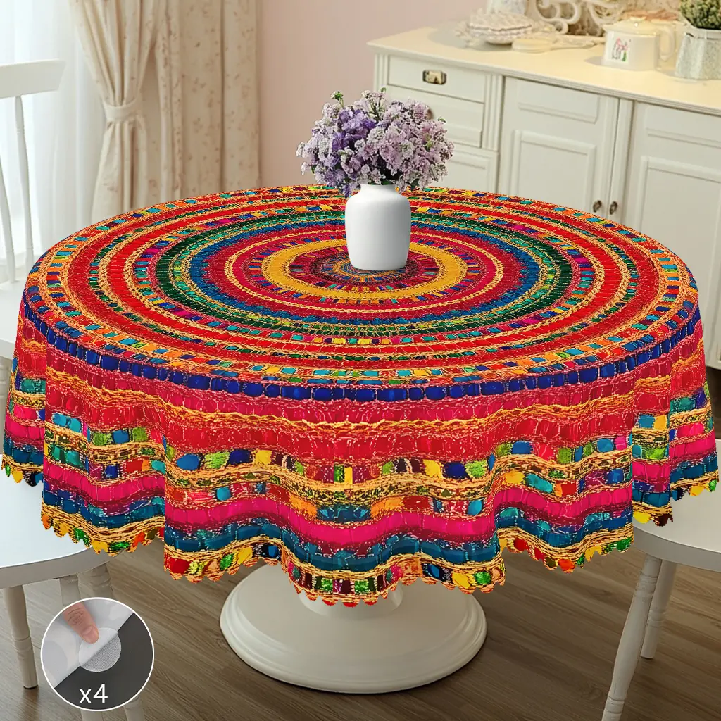 PLUMLIK Single-Sided Embossed Durable Polyester Geometric Boho Tablecloth - 55x70 in, 60x86 in Round/Rectangle Sizes, Vibrant Polka Dot Print, Easy-Clean Machine-Washable Home Supply for Indoor Kitchen Farmhouse, Housewarming Retro Exotic Decor