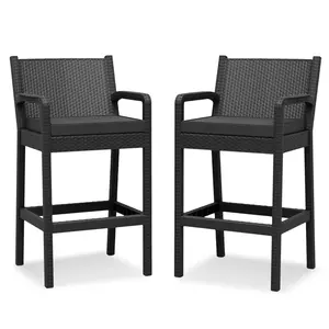 Set of 2 Wicker Bar Stools with Cushions, Indoor Outdoor Bar Height Chairs Wicker with Footrests and Armrests for Backyard, Patio, Pool, Garden, and Deck