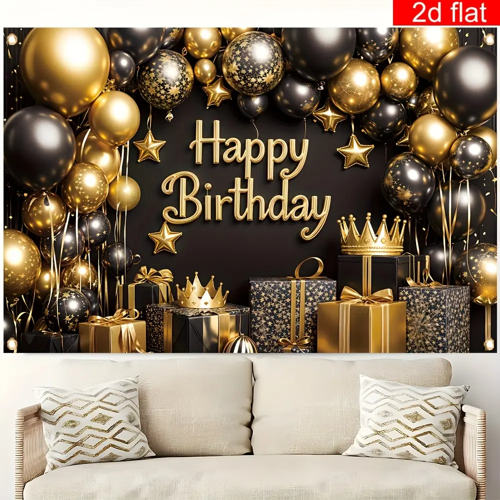 Luxury Black & Gold Balloon Print Birthday Backdrop, 100% Polyester Flat Banner with Soft Texture, Fade-Resistant Photography Banner Featuring Stars, Crowns, Gift Boxes, Ideal for Wall Decor, Anniversary Parties,summerwins