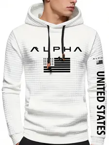 Men's Patriotic American Flag Letter Printed Hoodie - Sexy Slimming Waffle Texture, Machine Washable Spring/Autumn Casual Hoodie, Spring/Autumn Apparel