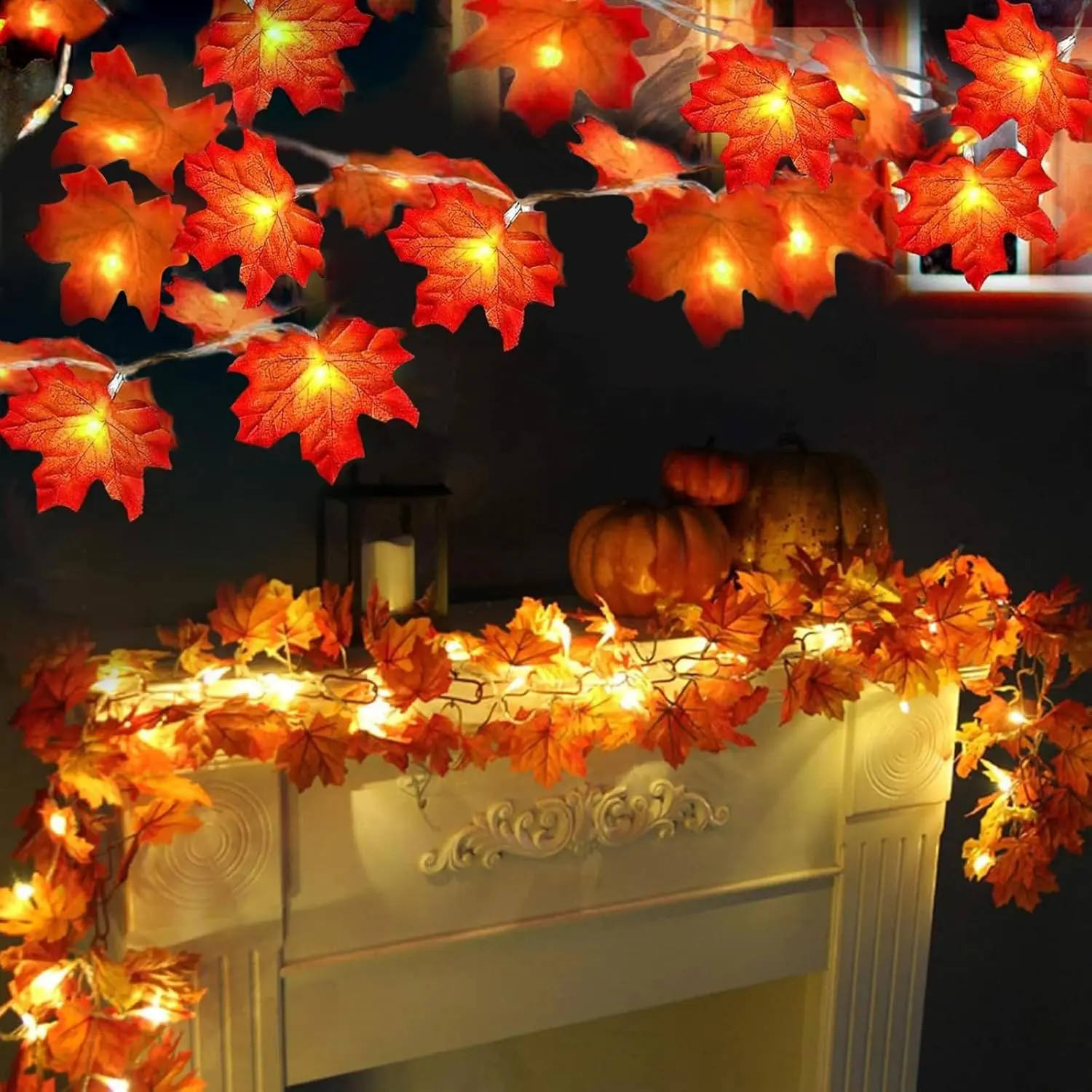 Modern 2-Pack Enlarged Maple Leaf Lights - 20Ft 40LED Battery-Operated Waterproof Garland with Batteries & Push Button, Festive Decor for Home, Garden, Indoor Outdoors Use, Maple Leaves