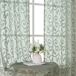 Sage Green Sheer Curtains 63 inch Length for Bedroom Living Room 2 Panels Set, Jacquard Clip Textured Semi Sheer Curtains, Light Filtering Rod Pocket Farmhouse Window Treatments, 40Wx63L inch