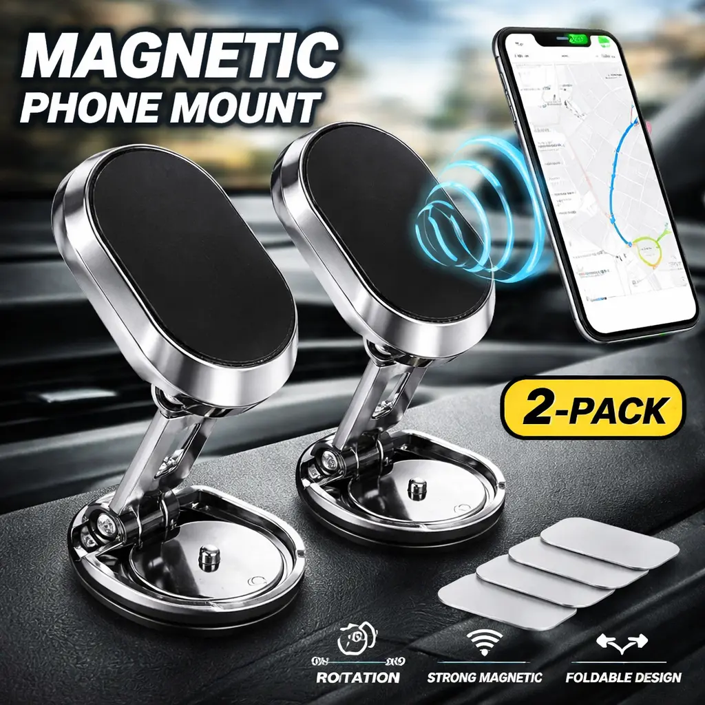 Alloy Folding Magnetic Car Phone Holder 2-Pack, 360° Rotation Strong Magnet Dashboard Mount, Compatible with All Smartphones