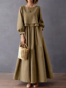 Women's Casual Long Sleeve Dress, Pure Color A-Line Design, Autumn Retro Style, Comfortable and Stylish, Perfect for Daily Wear