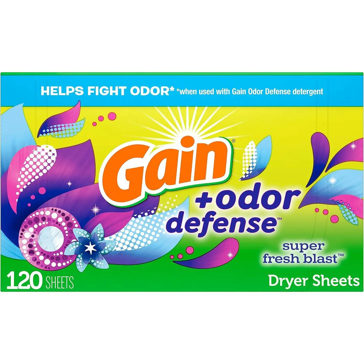 Gain Dryer Sheets Plus Odor Defense, 120 Count Laundry Fabric Softener Sheets, Super Fresh Blast Scent for Static Control & Fresh Clothes