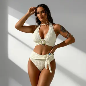 White Crochet Textured Halter Bikini Set with Waist Tie
