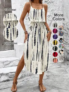 Women's Spring Summer Fall Tie Dye Lightweight Thin Strap Split Thigh Waist Cinched Dress, Multicolor Floral Print, Casual Vacation