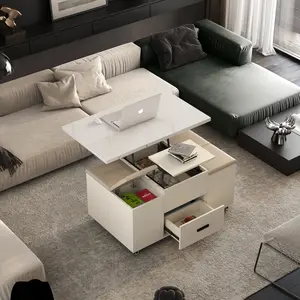 Bellemave Contemporary 4-in-1 Hydraulic Multi-Functional Transformable Coffee Table with 4 Stools Set - MDF, Lift-Top, Easy Expansion, Hidden Compartment, 2 Drawers, Space-Saving Folding Dining Table for Living Room (W1321S00014), Contemporary Coffee Tabl