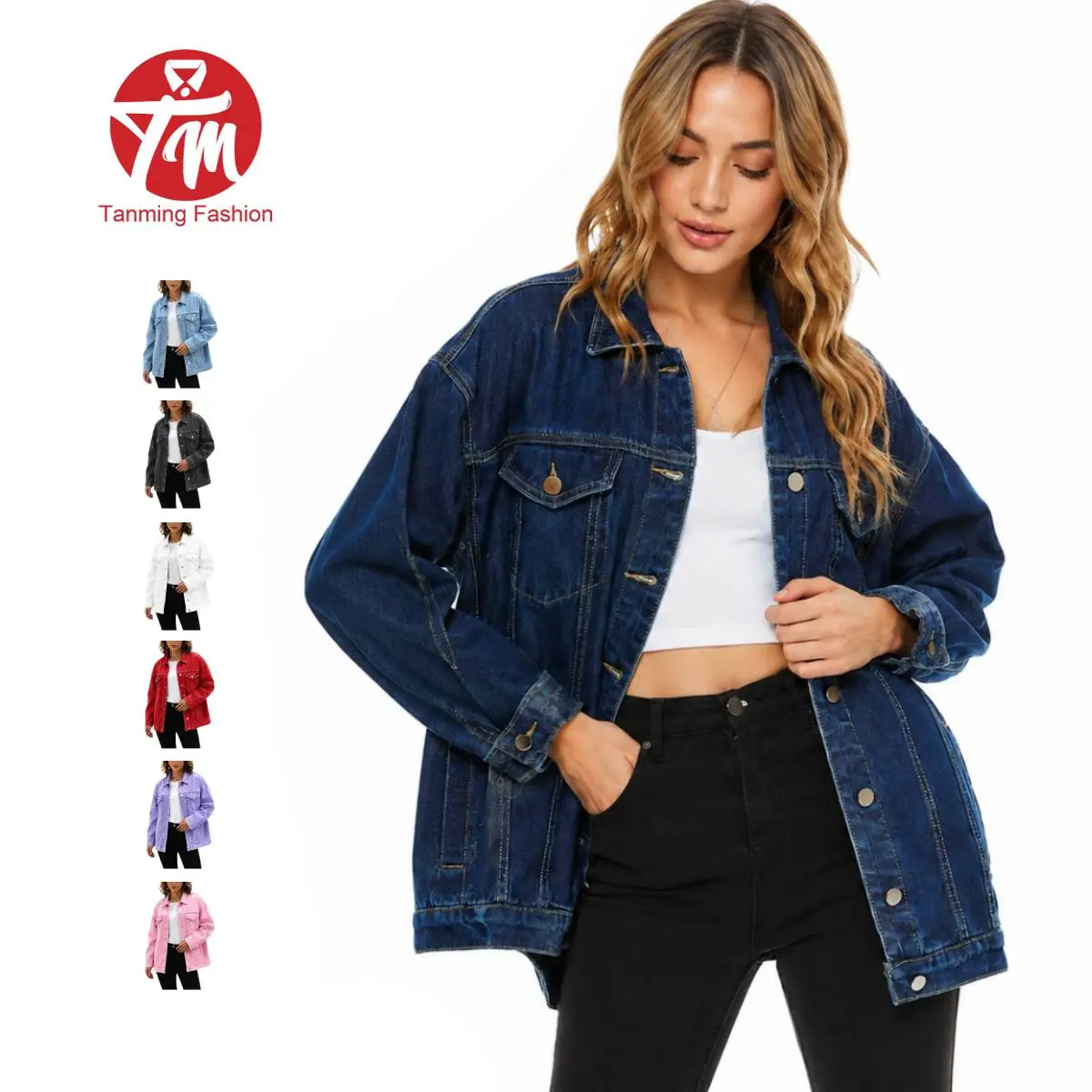 Tanming Women's Oversized Mid-Long Classic Denim Biker Jacket, Long Sleeve Basic Minimalist Casual Tops Coat