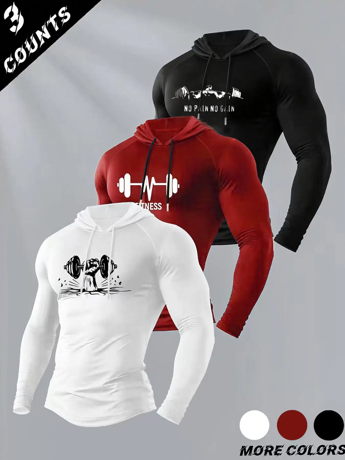 Men's Classic 3-Piece Set Letter Dumbbell Print Hooded Long Sleeve T-Shirt, Casual Fitted Top for Fall & Winter Gym Wear, Athletic Fitness Clothes, Athletic Sports Clothing, Fitness Activewear, Athletic Apparel, Gym Workout Shirt, Letter Graphic Hoodie
