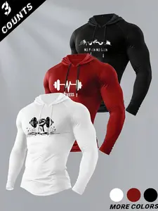 Men's Classic 3-Piece Set Letter Dumbbell Print Hooded Long Sleeve T-Shirt, Casual Fitted Top for Fall & Winter Gym Wear, Fitness Activewear, Athletic Apparel, Gym Workout Shirt, Letter Graphic Hoodie