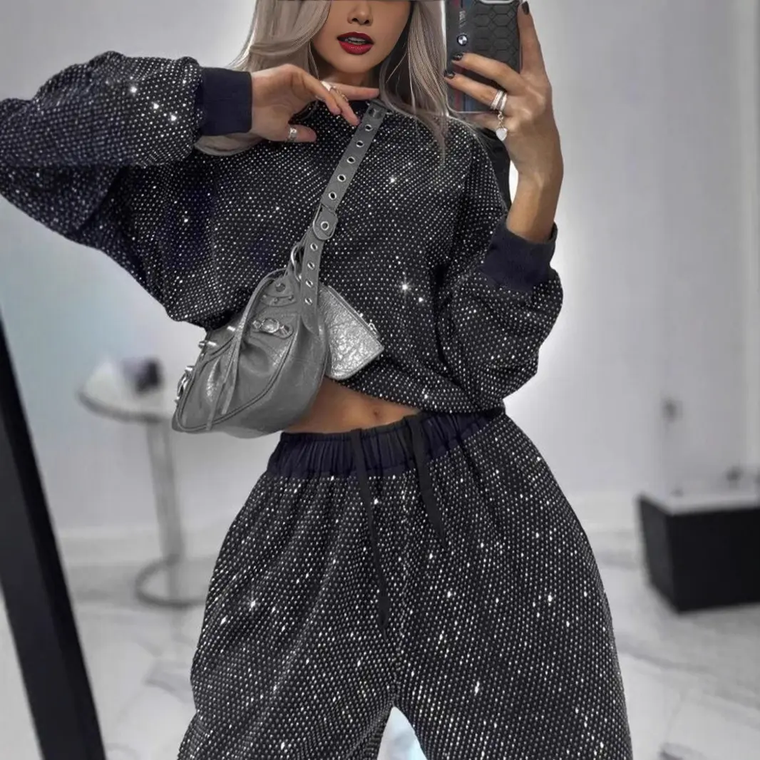 Women's Fall/Winter 2025 Starry Sky Long Sleeve Round Neck Loose Top with Drawstring Wide Leg Pants Two-Piece Set new  years  outfit