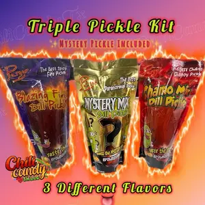 Three Pickle Kit Bundle with 3 different Flavors, Parga Chamoy Mix Pickle, Blazing Fire Pickle & Mystery Pickle Flavor included Yum! Snack!
