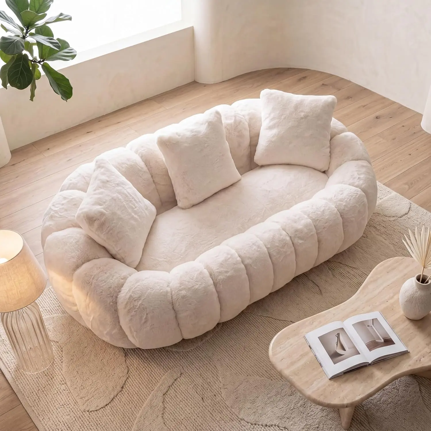 Floral-Shaped Sofa, 2-Seater Large Faux Fur Sofa with Ultra-Soft Thick Plush Fabric, Petal Contour Backrest for Living Room Bedroom, Beige