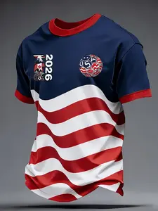 Men's Summer Short Sleeve T-Shirt, 2026 Usmnt Print, Wave Star Stripes, Soccer Team Logo, Casual Wear for Games and Daily Use
