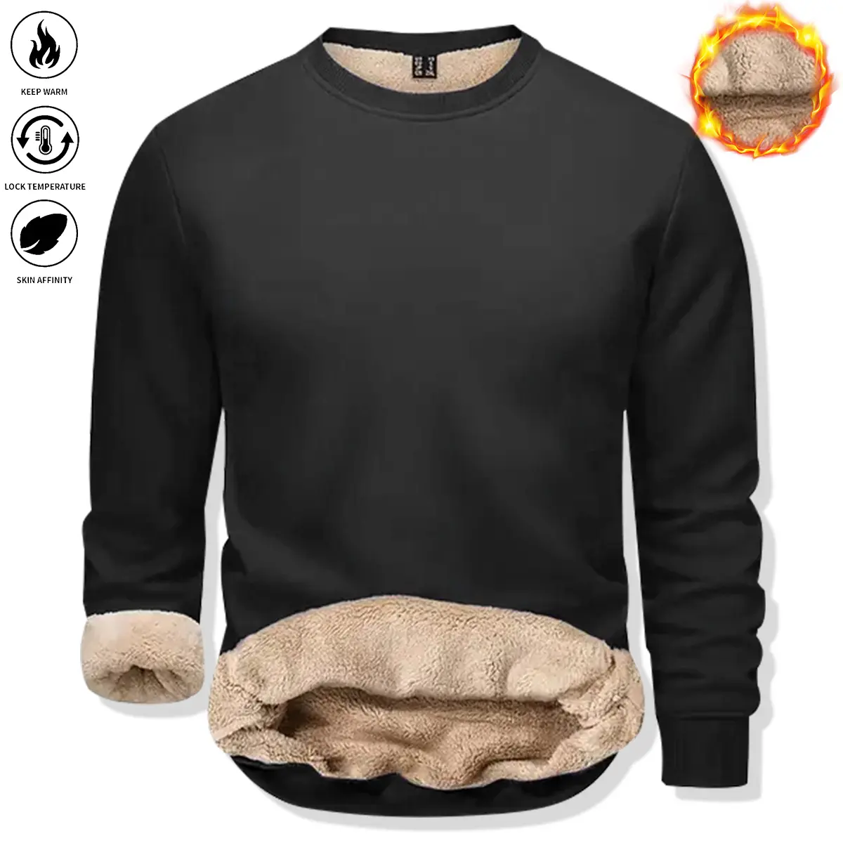 Men's Fitted Cozy Crewneck Sweatshirt - Faux Lambswool Lined, Windproof Long Sleeve Pullover for Autumn Winter, New Year | Menswear Tops, Crew Neck Sweatshirts, Party, Cozy Crew Neck