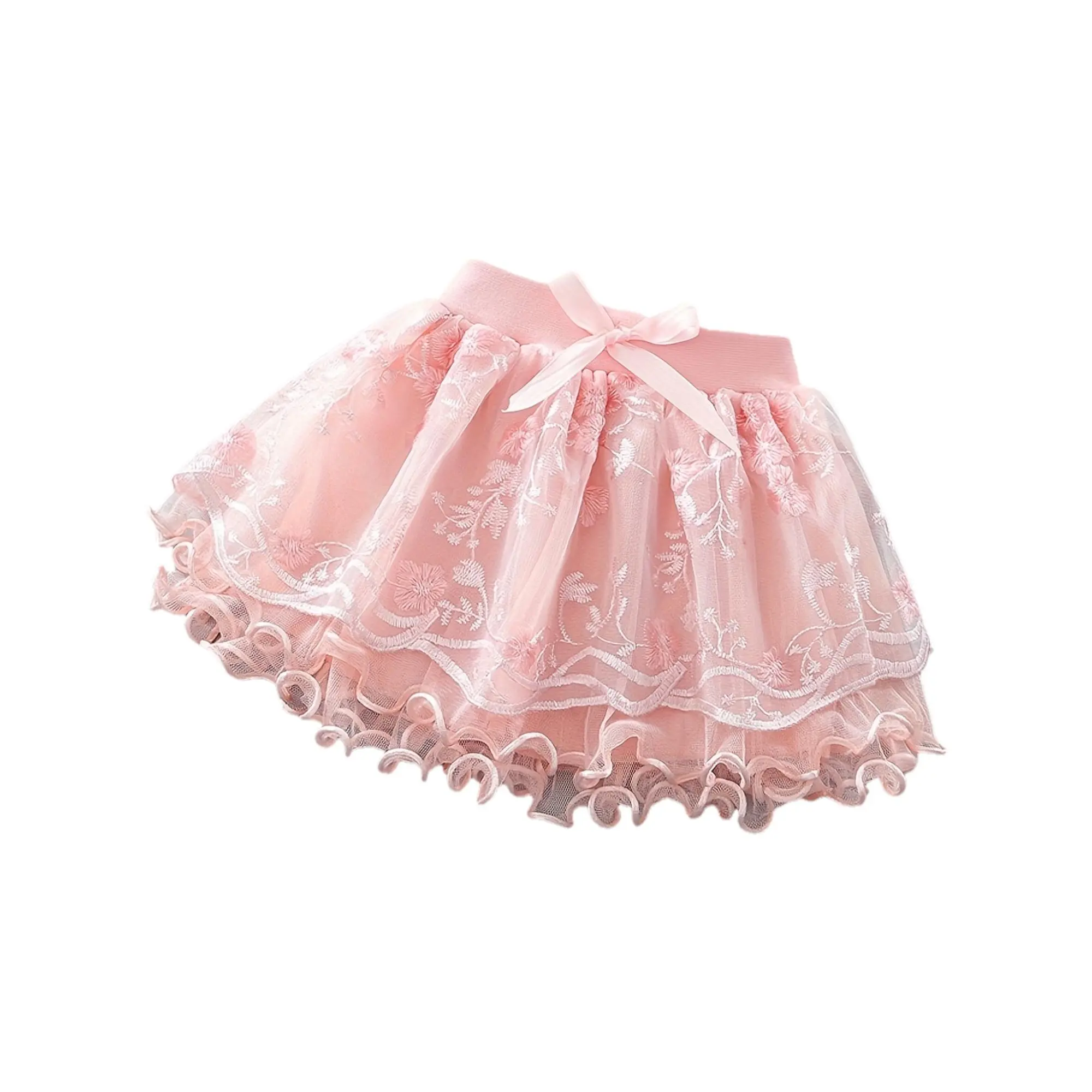 Girls' lace short skirt with embroidered flowers, toddler mesh tutu skirt, new summer style with three-layer hem