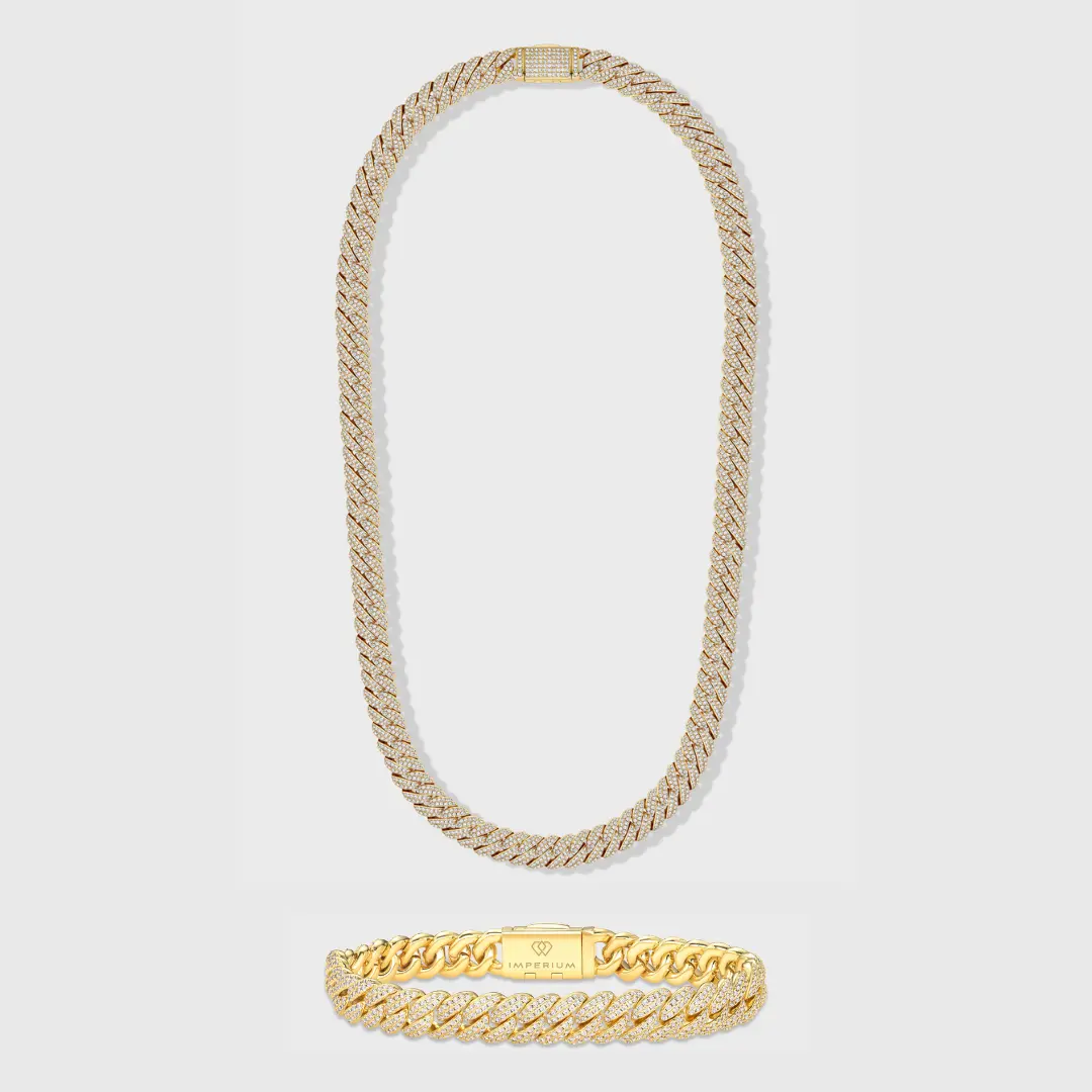 IMPERIUM JEWELRY 14 Karat Gold Plated 10mm Iced Cuban Chain & Bracelet Accessories Set - Gold-Colored, Luxe, Diamond-Accented Bold Statement Costume Jewelry Set, Gold-Colored Jewelry Sets
