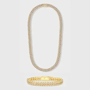 IMPERIUM JEWELRY 14 Karat Gold Plated 10mm Iced Cuban Chain & Bracelet Set - Gold Chain Necklace, Cuban Links, Diamond Accents, Bold Statement Costume Jewelry Set