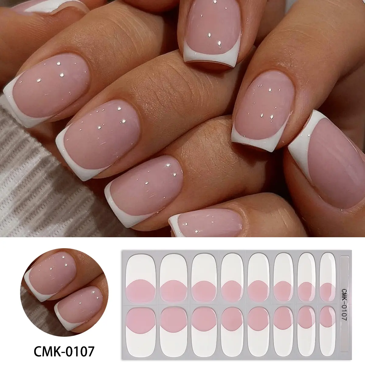 16pcs French Style Self-Adhesive Gel Nail Strips, DIY Home Use Nail Art Decorations, No Bake Needed, Perfect for Women, French Tip Nails, Gel Nail Tips, Nail Art Stickers, Nail Art Supplies
