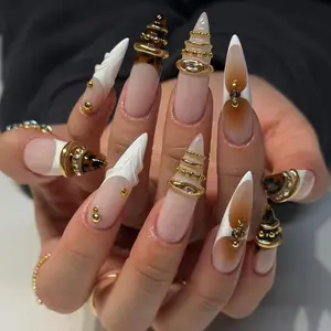 Handmade Tortoiseshell Press On Nails, Gold Ring Charms Nail Art