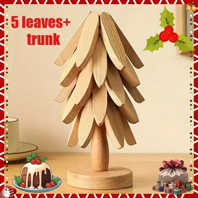 Solid Wood Heat-Insulating Mats, Set of 5, Heat Resistant Placemat, Heat-Resistant Table Mats, Christmas Tree Design, Foldable Kitchen Trivets, Wooden Coasters, Ideal for Hot Dishes, Kitchenware