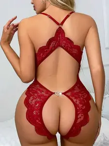 [KAITLIN] Women's Transparent Deep V-Neck ,Jacquard Weave,Backless,Bow Decoration On The Chest,Floral Lace Criss Cross Crotchless,Heart Metal Buckle Decoration,Sexy Teddy Bodysuit,Scallop Trim,Adjustable Shoulder Strap,Women's Sexy Bodysuit