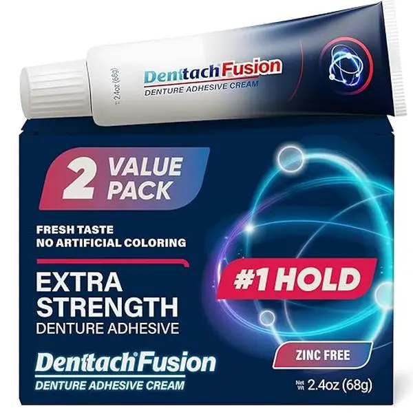Denttach Fusion Denture Adhesive, (Pack of 2) 2.4 Ounce, Ultra Strong Hold and Seal, Dental Adhesive Cream for Dentures and Partials, Zinc Free Denture Glue