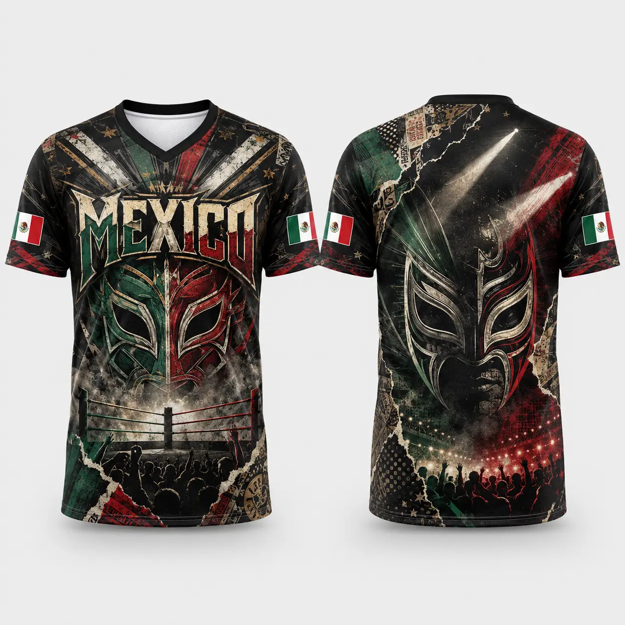 Men's Lucha Mask Graphic T-Shirt, Lightweight V-Neck with All-Over Wrestling Print, Short Sleeve Streetwear for Festivals, All-Over Print, Casual, Casual Wear, Male, Casual Fitted Streetwear, Apparel T Shirt tiktokshopbacktoschool