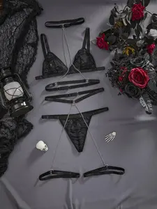 Women's Chain Decor Sheer Lingerie Set, Sexy Spiderweb Embroidery Sheer Bra & Thong & O-ring Garter Belt & Choker, Teddy Lingerie & Bodysuits for Women Underwear