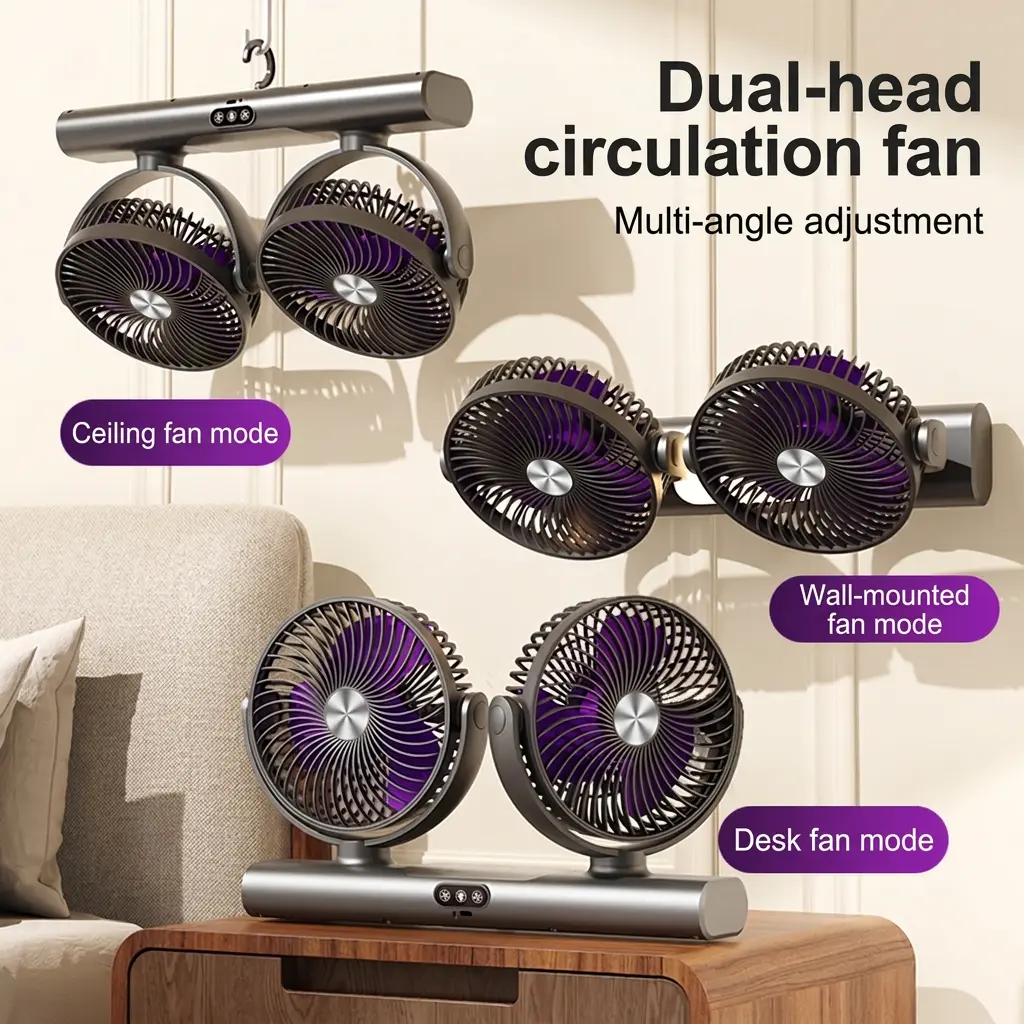Portable Desktop Double-headed Three-leaf Air Circulation Fan, USB Charging Desktop Soft Sound Fan, Household Wall-mounted Fan, 3-gear Adjustment Of Strong Wind, Multi-angle Air Supply, Atmosphere Night Light, Suitable For Camping, Home And Office. outdoo