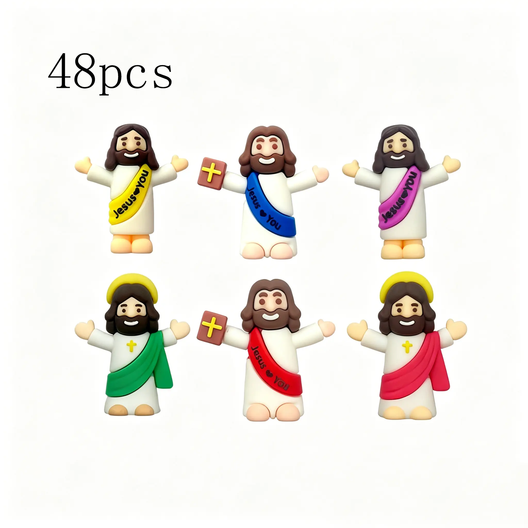 48PCS Mini Jesus "Jesus Loves You" Rubber Figurines, Tiny Jesus Ornament Decor, Perfect for Playing Hide-and-seek with Easter eggs on Sundays Ideal Gifts for Religious Parties Christenings Religious Decoration Hide and Seek Baptism Gifts Easter Egg