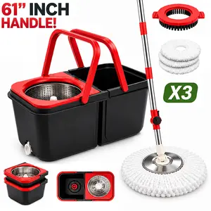 61-inch Spin Mop and Bucket Set (with Wringer) - Stainless Steel Basket, Adjustable Handle, Collapsible Soap Dispenser, 3 Ultra-Smooth Absorbent Microfiber Mop Heads, 1 Brush Head - Cleaning Supplies and Tools, Housekeeping Essentials for All Floor Types