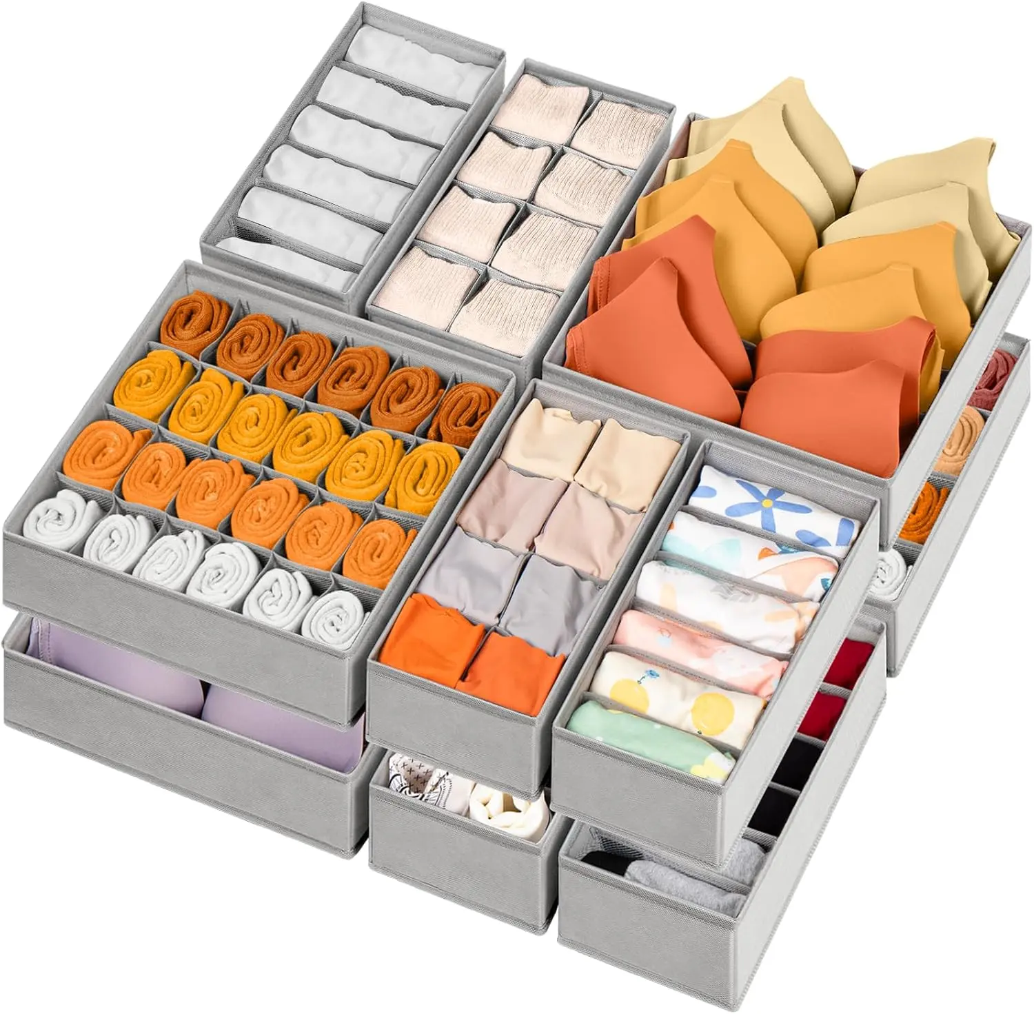 12-Pack Fabric Foldable Drawer Organizer Dividers with 116 Cells - Home Storage Organizer for Nursery & Vanity Organization, Baby Clothing & Adults’ Underwear, Socks, Bras (Organization Ideas Included)