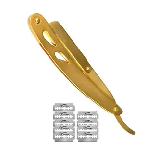 Gold Straight edge shaving Razor Stainless Steel with 10 blades Single Edge Barber Shaving Razor for Men Professional Cut Throat Reusable Razor for Beard Shaper