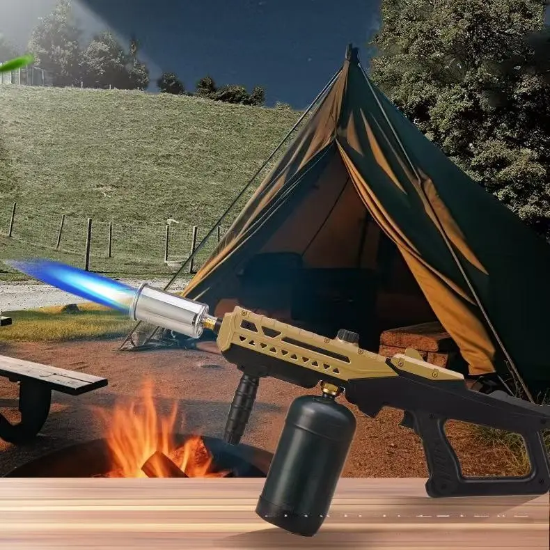 Portable High-Pressure Propane Gas Campfire Ignition Torch - Adjustable Flame, Effortless Fire Lighting, Camp Kitchen Accessory for Camping, Barbecues with Fire Pit Tabletop Stove Stand & Gold Santa Climbing Plush Toy, Tailgating, Grill Master, Hiking / L