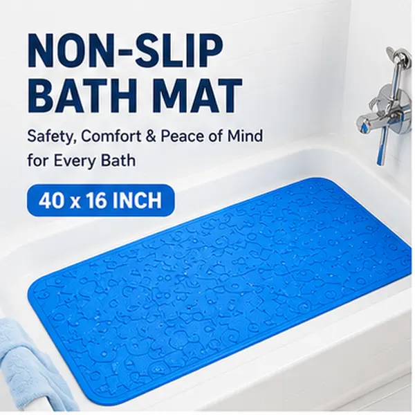 Durable Non-Slip Bathtub Mat with 200+ Suction Cups – 40x16 Inch Soft Shower & Tub Safety Mat, Quick Drain, Easy Clean Bathroom Mat for Kids, Adults & Seniors – Blue (Pack of 1 / 2 / 4)