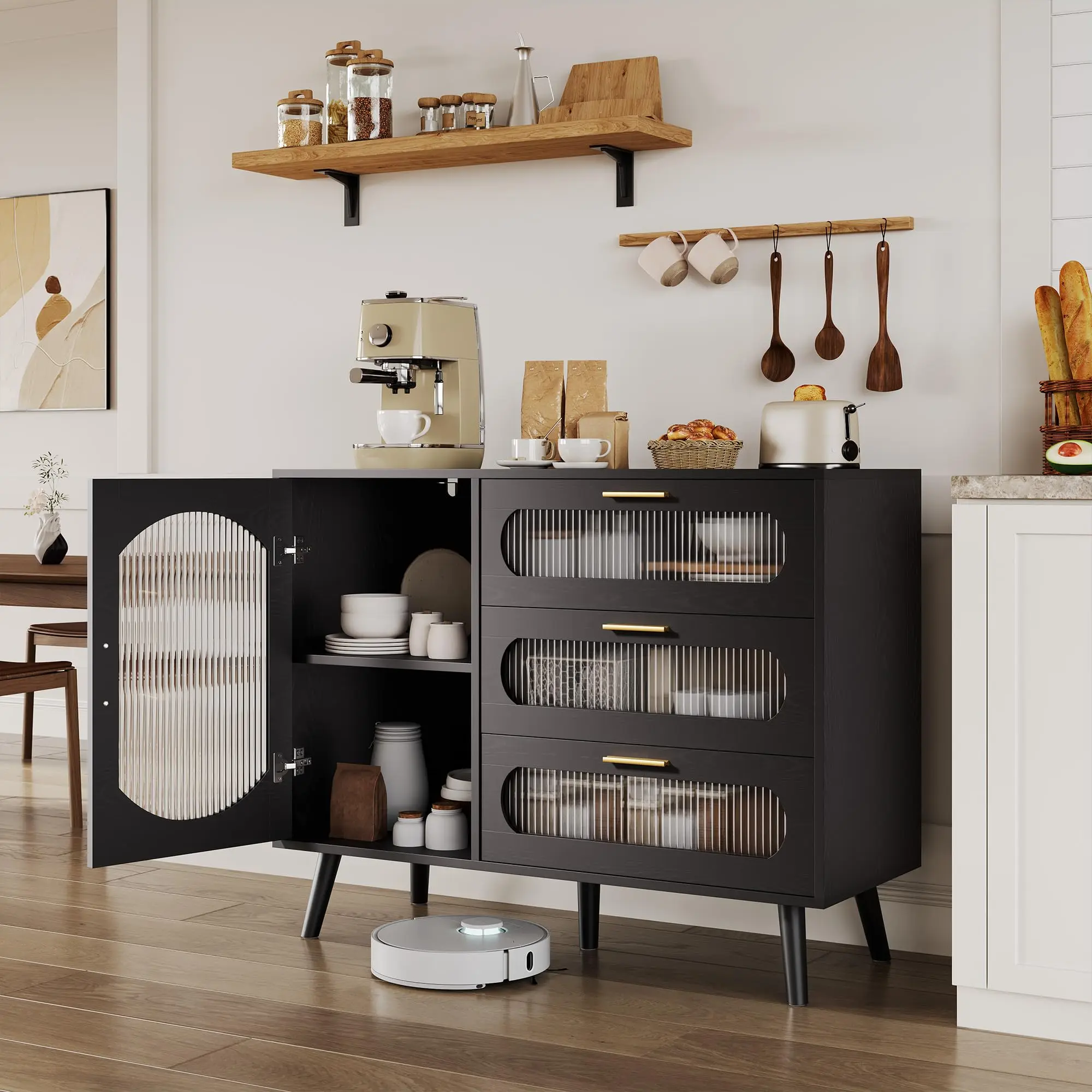 Sturdy 39.4-in Black Modern Buffet Cabinet - Tempered Fluted Glass Door, 3 Drawers, Adjustable Shelf, Freestanding Console Table, 300 lbs Capacity, Fast Assembly Easy Setup for Kitchen, Dining Room