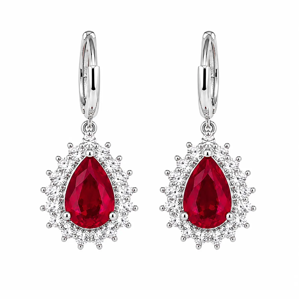 Sterling Silver Halo Dangling Earrings, Natural 6x8mm Pear Cut Ruby Drop Earrings, Unisex