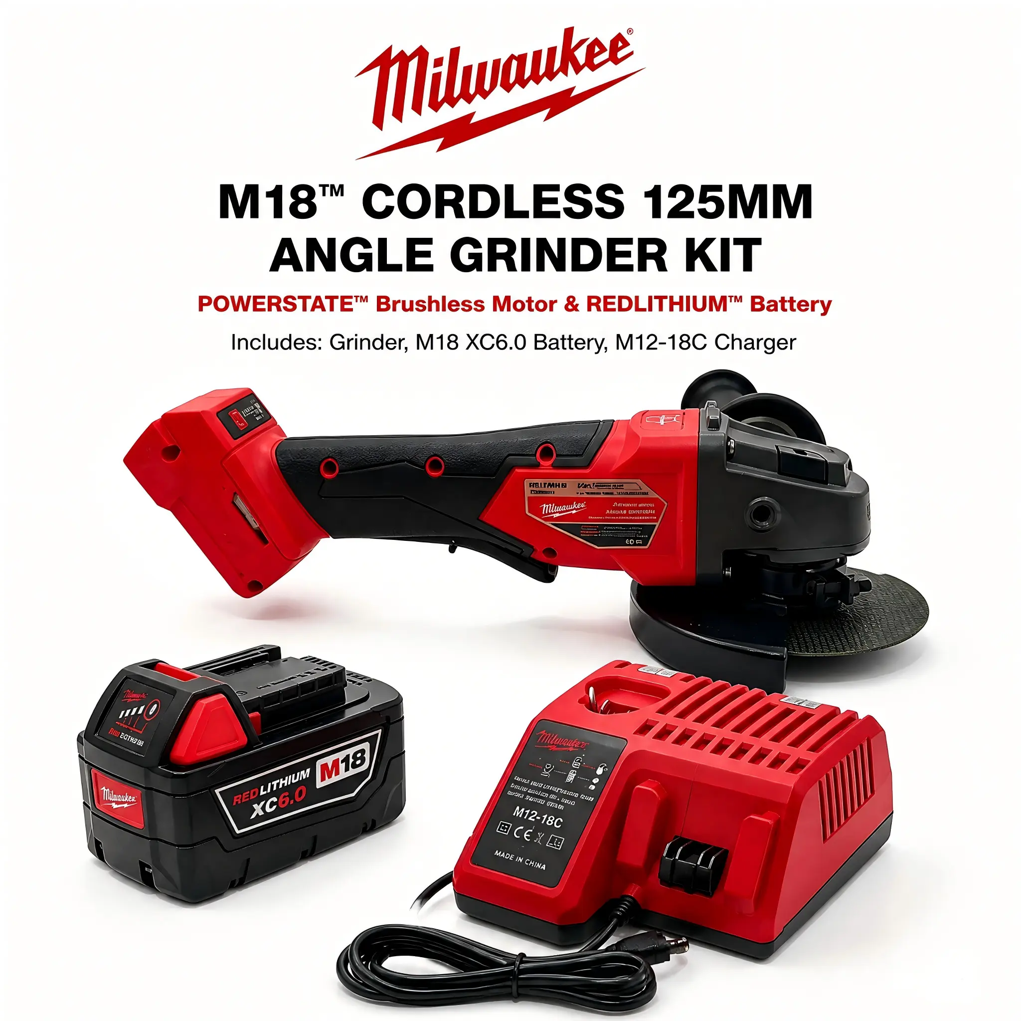 Milwaukee M18 18V 125mm Brushless Cordless Angle Grinder Kit with XC6.0 Battery & Charger – 9500RPM for Metal Cutting and Grinding