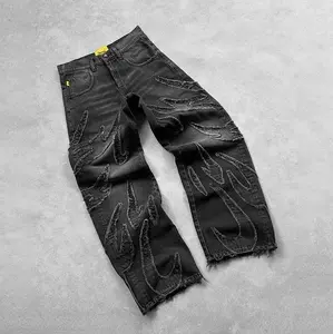 Flame pattern high-street fashion brand ripped vintage distressed vibe men's loose straight-leg jeans with a relaxed fit and draping effect.