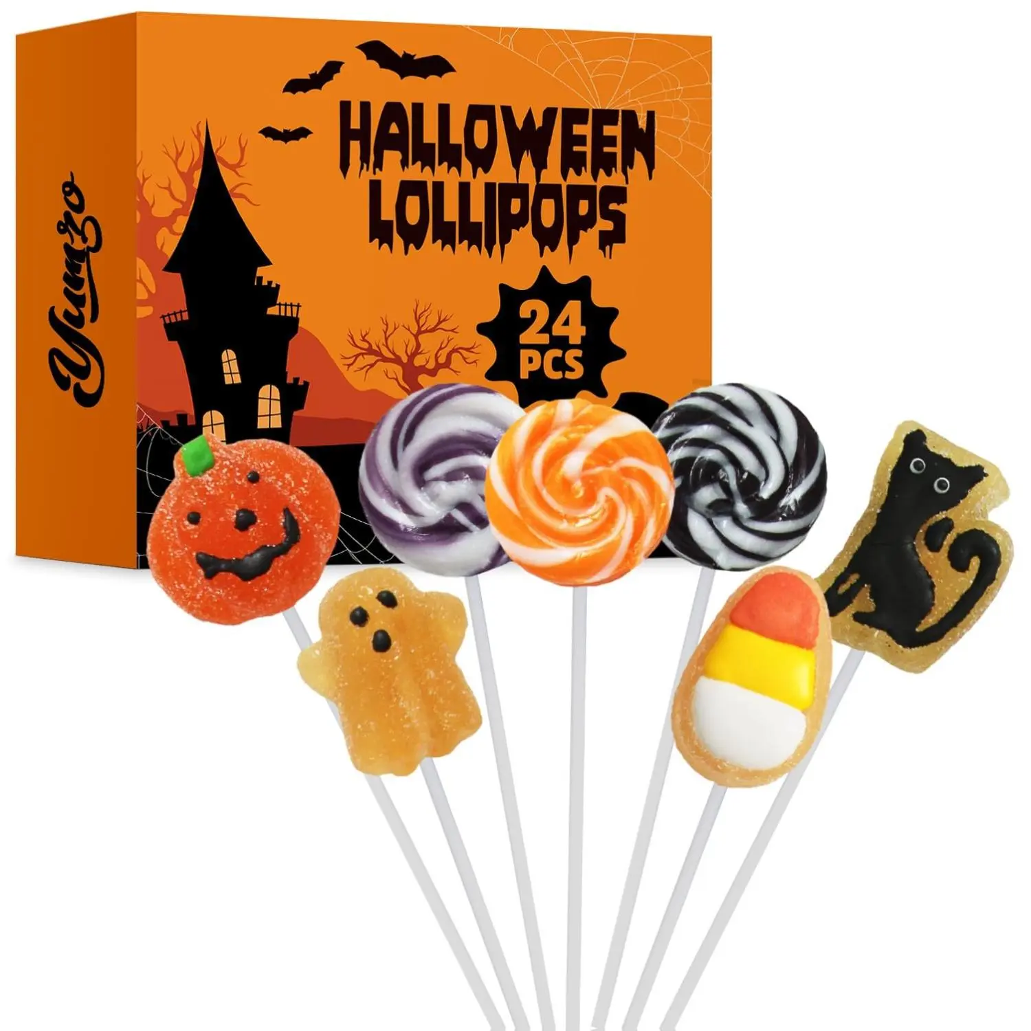 Halloween Lollipop Suckers, 24 Pieces of Bulk Suckers Individually Wrapped, Colorful Candy Lollipops for Trick or Treat Bags, Fun Halloween Shaped Candy Party Favors