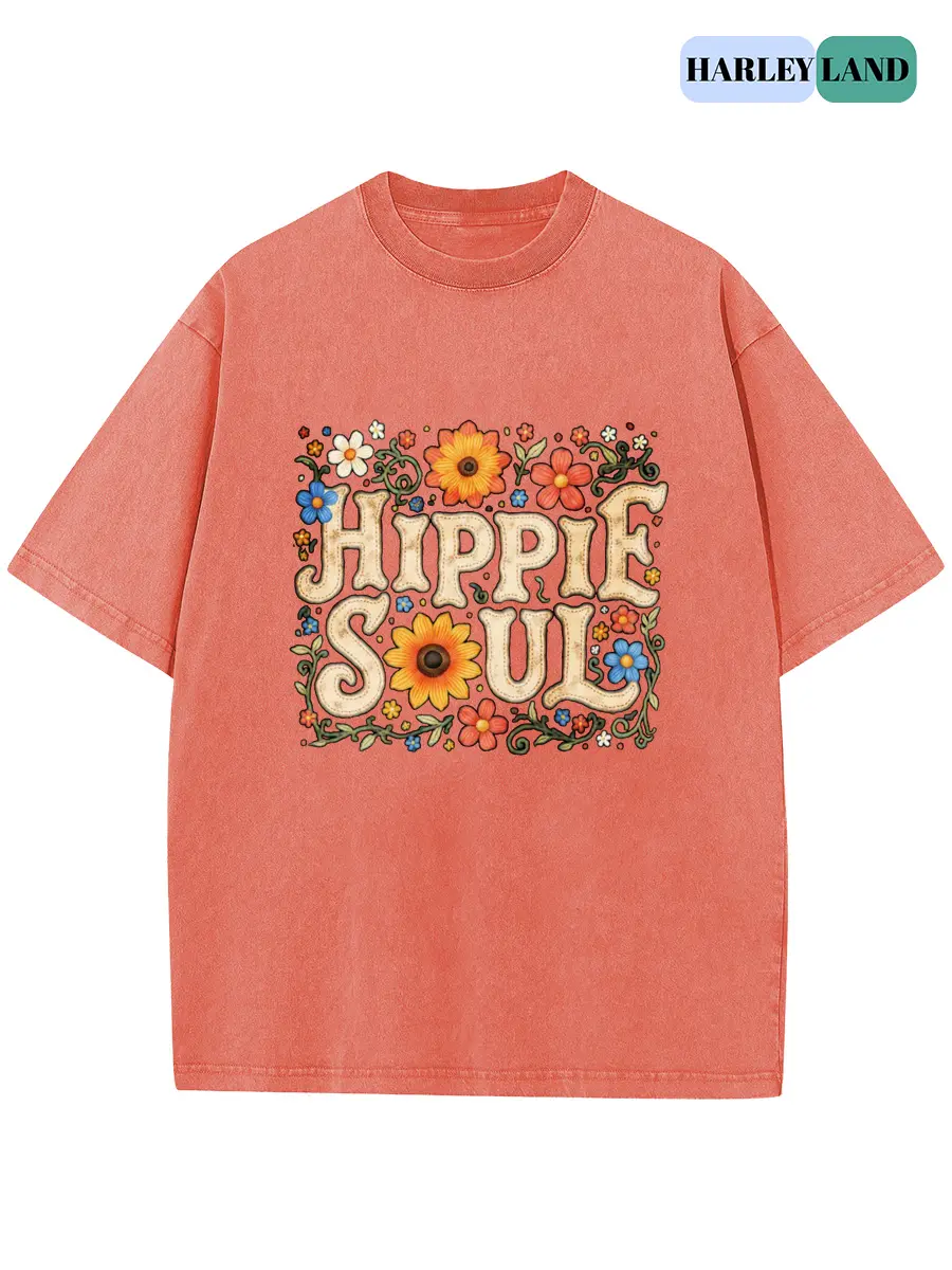 Harleyland Women's Vintage Loose T‑Shirt,100% Cotton Acid Wash Short Sleeve Top Hippie Soul Sunflower Wild Floral Border Retro Letter Graphic Drop Shoulder Baggy Pure Cotton Tee For Casual Outdoor Summer Wear Unisex Summervibes