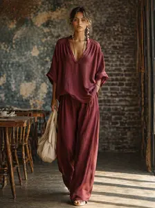 2 Piece Sets Women Summer Outfit 2026 – V Neck Loose Top & Wide Leg Pants, Casual Lounge Set, Linen Comfy Travel Outfit, Vacation Beach Set, Plus Size