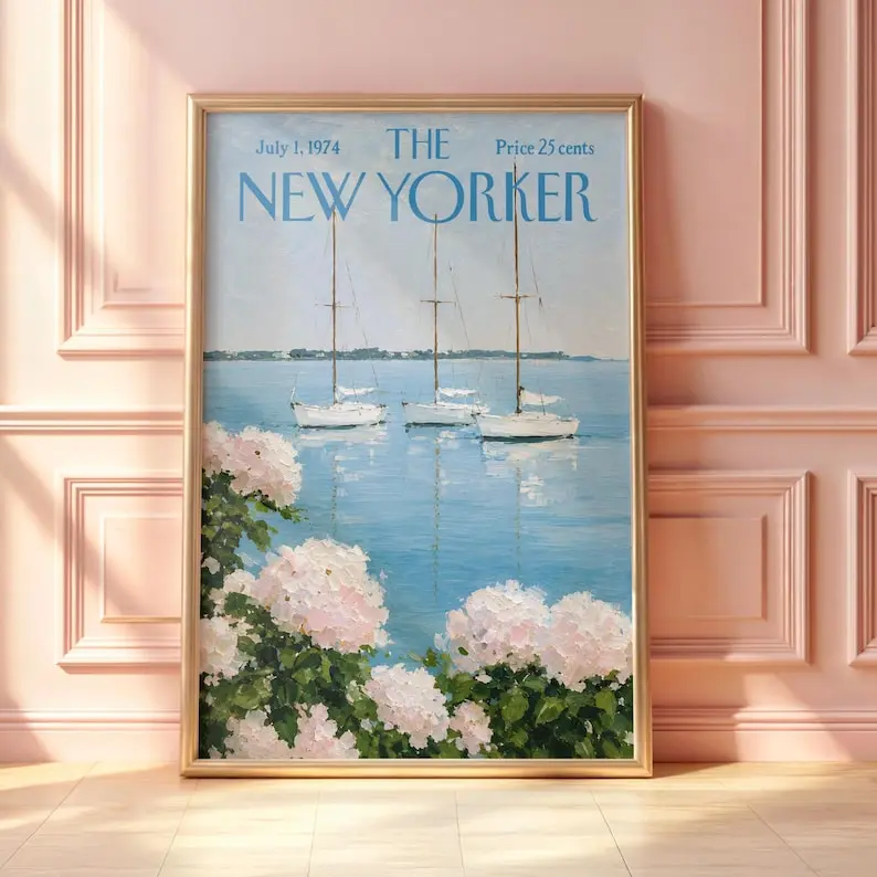 Vintage New Yorker Sailboat Poster, Coastal Harbor Wall Art, Hydrangea Seaside Print, Nautical Magazine Cover, New England Summer
