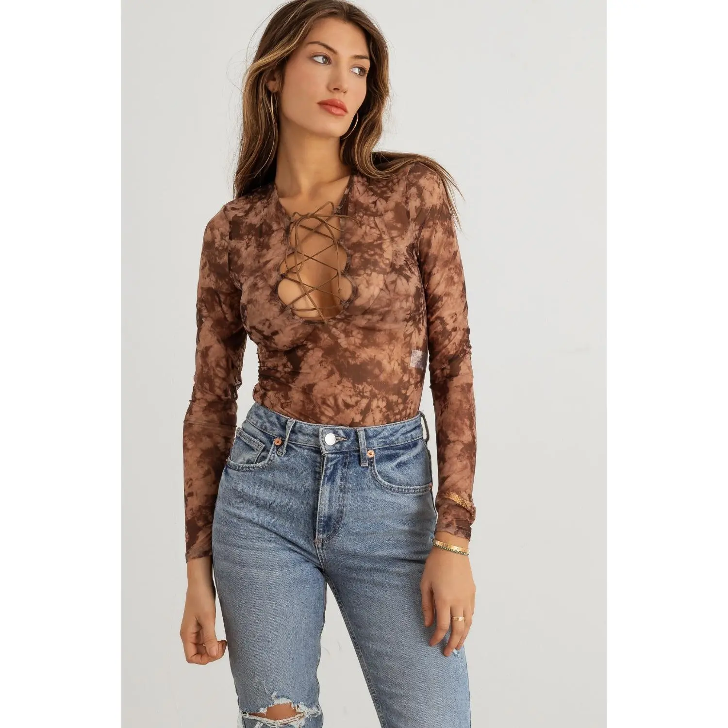 HERA COLLECTION Abstract Mesh Lace-Up Long Sleeve Bodysuit Fabric Spandex Fabric Spandex