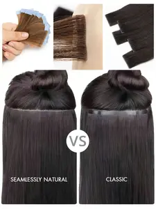 Invisible Injected Tape In Hair Extensions - 1 Pack Natural Straight Remy Human Hair, Light Beige Weft Machine-Made Ponytail Hair Extensions for Caucasian Women & Men (12" 14" 16" 18" 20" 22") - Seamless Blending, Damage-Free Application