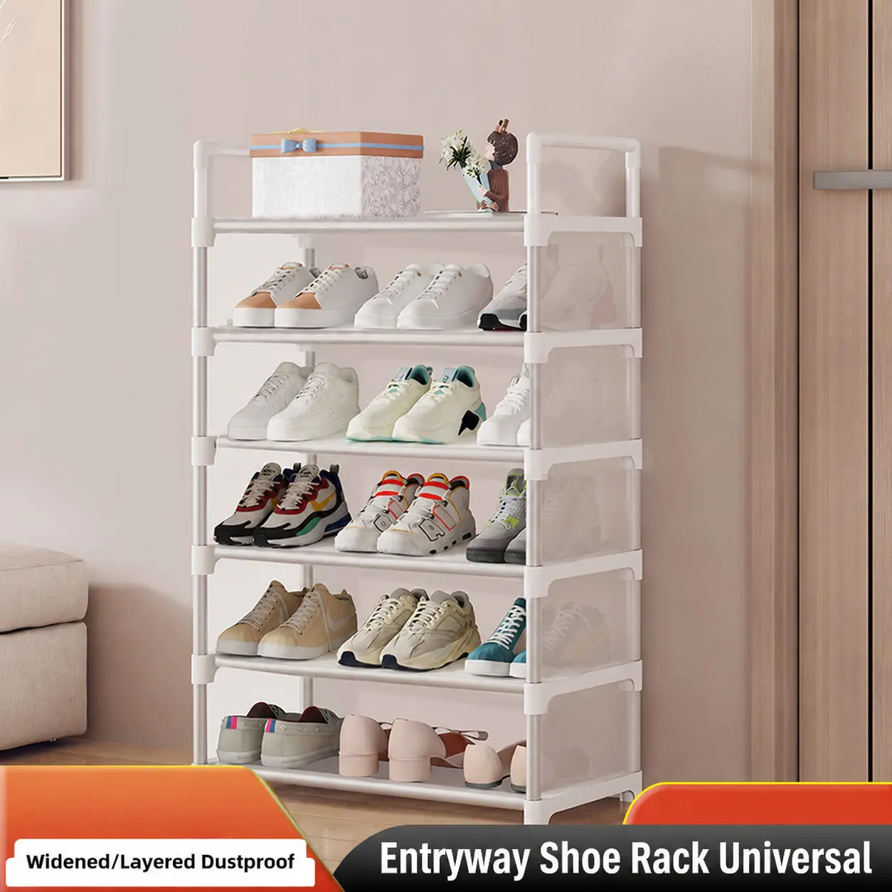 6-Tiers Shoe Rack Tall Large Capacity 16-18 Pairs Wide Shoe Organizer Sturdy Shoe Shelf for Entryway with Two Hooks Metal Shoe Storage for Closet, Bedroom, Black Practical Versatile