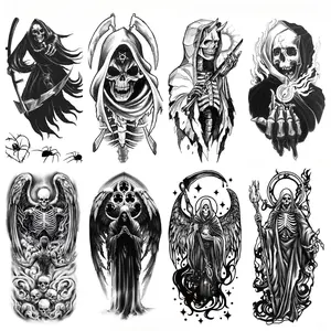 8-Pack Waterproof Skull Temporary Tattoo Stickers, Black and White Halloween Designs, Waterproofing Feature, for Forearm Wear, Skull Shapes